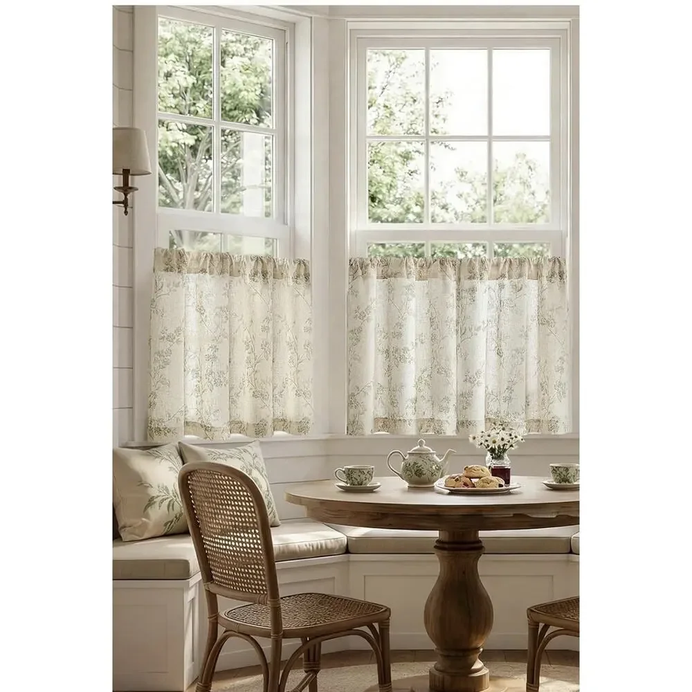 Floral Kitchen Curtains 30 Inch Linen Tier Curtains Farmhouse Cafe Green 2 Panel